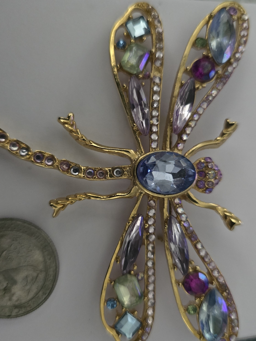 Gold-Tone Dragonfly Brooch with Blue and Purple Crystals